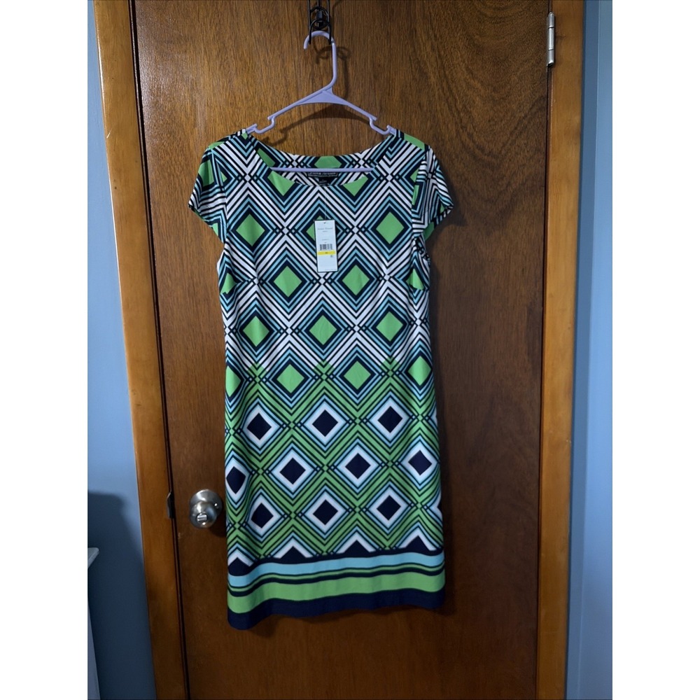 Jessica Howard Green Blue Geometric Stretch Midi Dress Boho Cap Sleeve Womens M